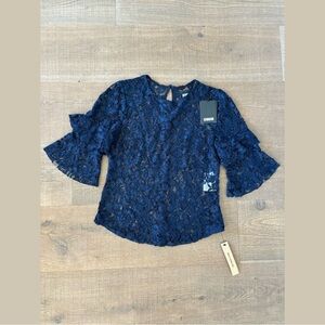 reformation navy marie lace ruffle sleeve sheer top new nwt